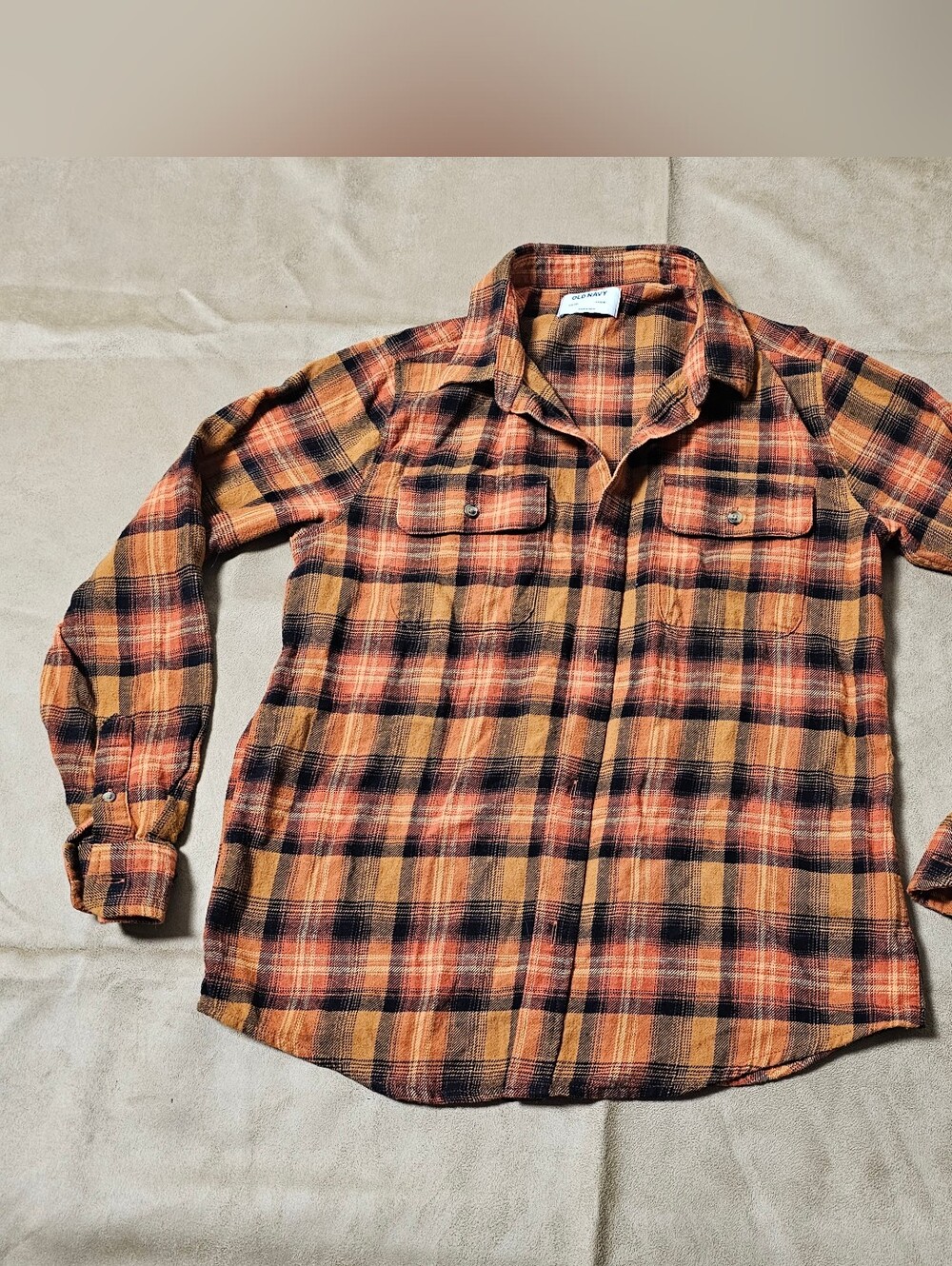 Old Navy Teen's Plaid Button-Up Shirt in Orange and Black XXL 100% Cotton